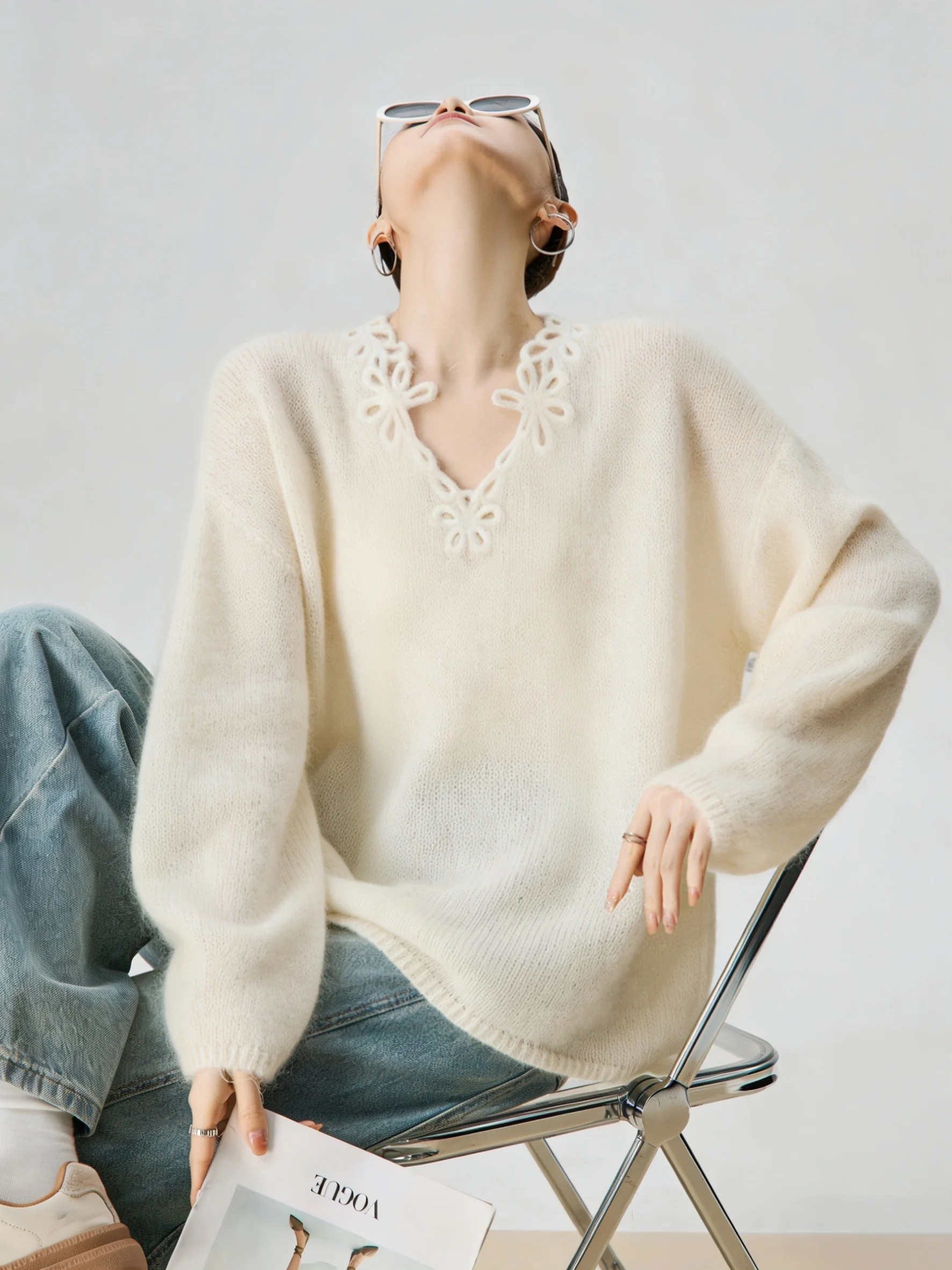 

Корейский вязаный свитер Laid-ba Sle с V-образным вырезом и ажурным цветочным узором, весенняя новинка, красивый укороченный топ для женщин