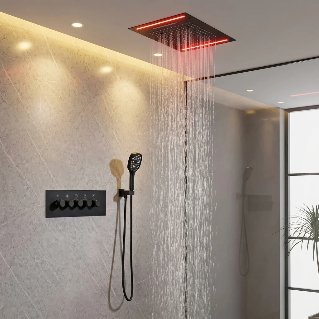 LED Polished Concealed Wall-Mounted Shower Set with Brass Bathroom Faucet Luxury Rain & Massage Spray Hotel Use