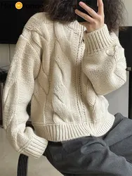 HanOrange 2024 Early Spring Lazy Twisted Collar Zipper Sweater Women Loose Comfortable Knitted Cardigan Female Red/Milk White