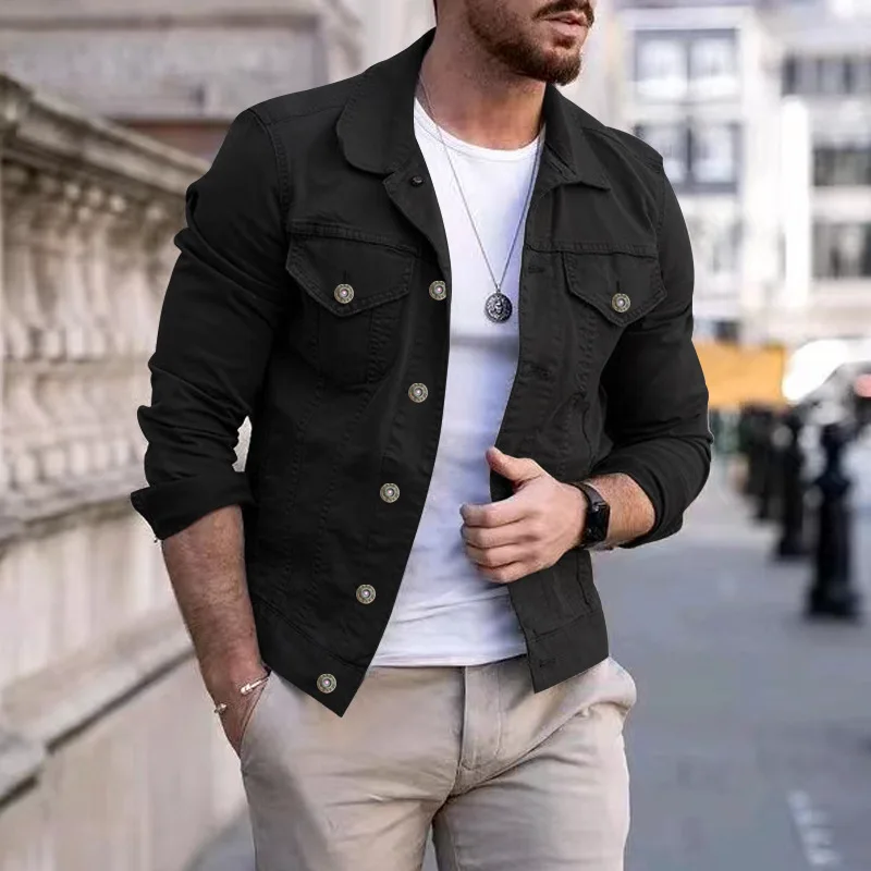 2024 men's solid color denim jacket with lapel pocket, slim fit long sleeved button denim jacket, streetwear jacket