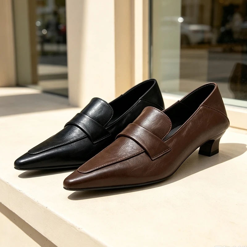 AIYUQI Women Pointed Toe Low Kitten Heel Loafers Vintage Faux Leather Slipon Pumps Elegant Office Commute Dress Shoes for Ladies