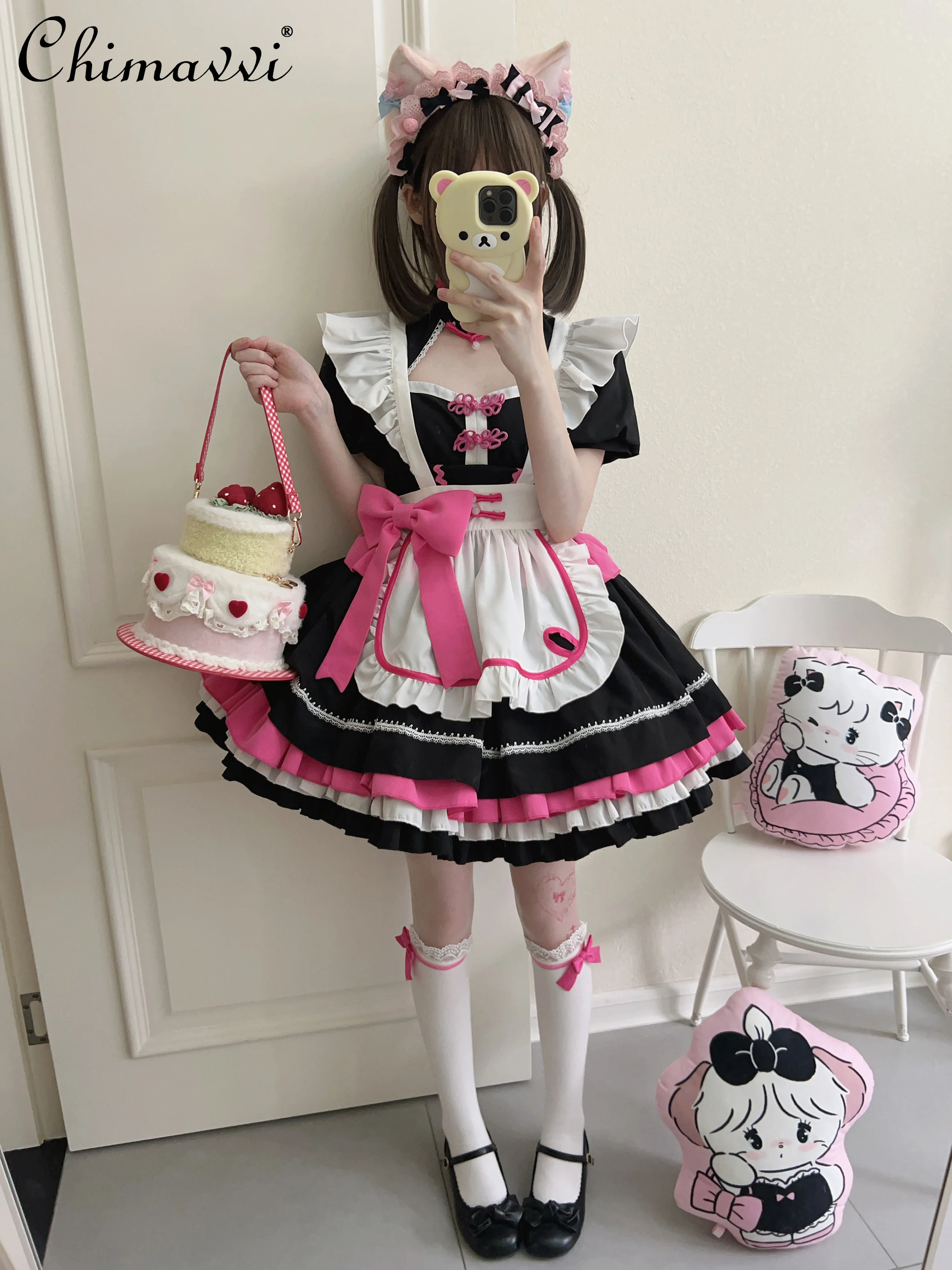 Oryginalna sukienka Lolita Maid Summer New Chinese Style Women Cute Girls Short Sleeve Bucket Op Dress with Apron Leg Warmer Outfits