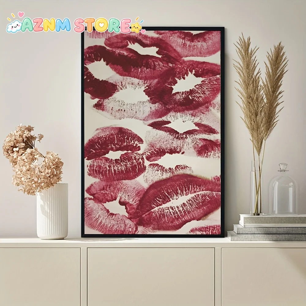 1pc Modern Sexy Red Lips Portrait Poster - Lipstick Print on Fabric, Matte, Pre-Stuck Adhesive Backing for Easy Hanging, Fram