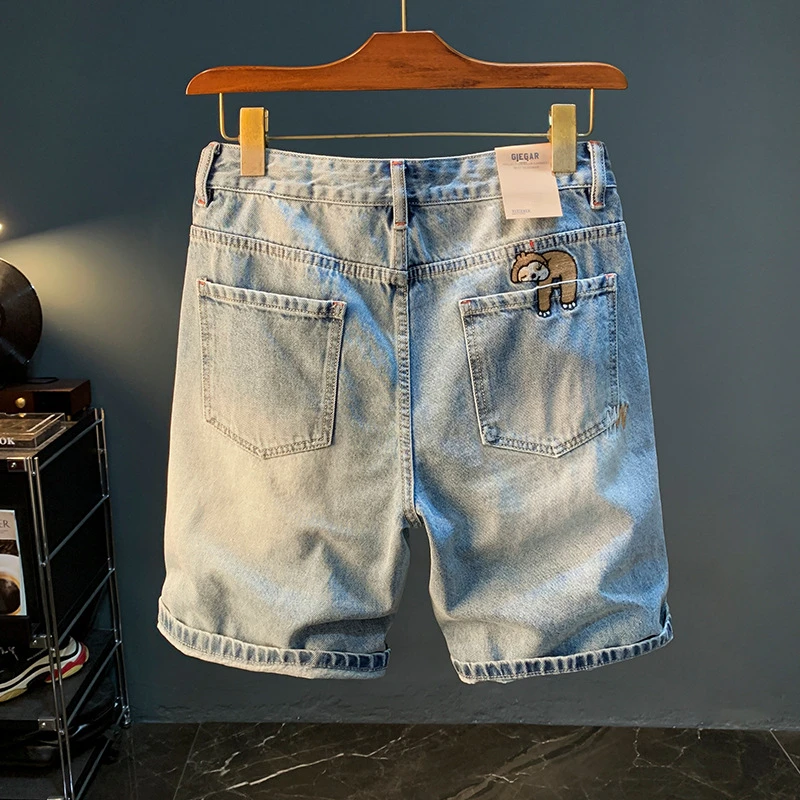 2024new summer casual shorts men's plus size light color fifth jeans trendy embroidery high-end straight short pants