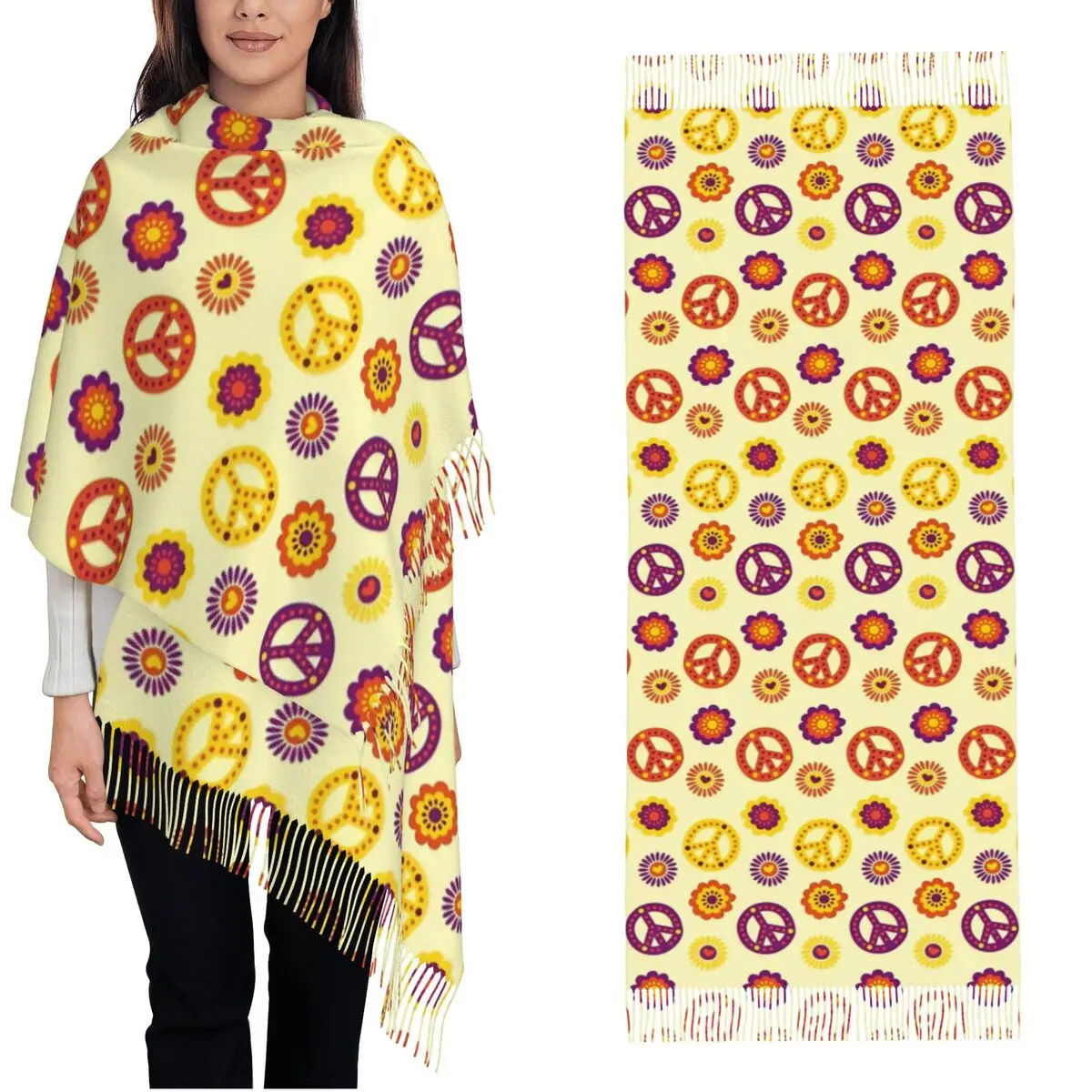 

Женский шарф с кисточками Peace Foral Love Pattern, большая супермягкая шаль и накидка, повседневная одежда, шарфы из пашмины