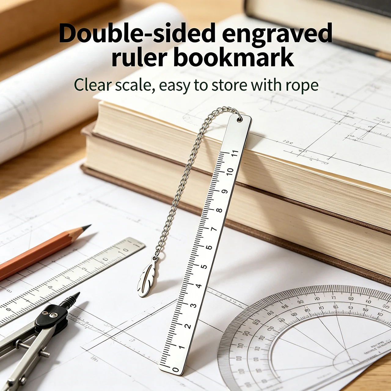 11cm Chinese Style Stainless Steel Bookmark Ruler Double-Sided Vintage Etched Design, Leaf Pendant Gift for Students Art Lovers