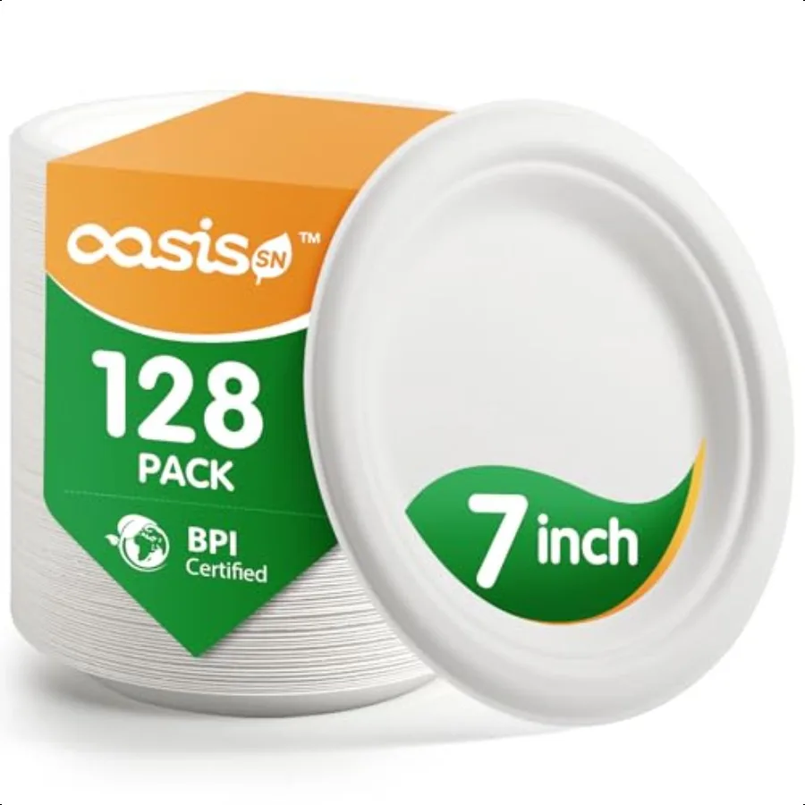 

7-дюймовые, 128 упаковок, компостируемые бумажные тарелки, сверхмощные биоразлагаемые блюдо, изготовленные из Bagasse, духи для закусок, детали, вечеринки, свадьбы