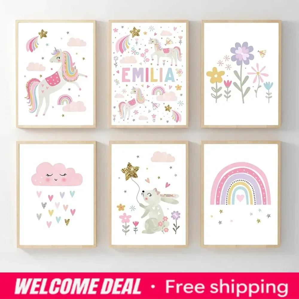 2026  Pink Unicorn Rabbit Rainbow Cloud Flower Nursery Wall Art Canvas Painting Posters and Prints Wall Pictures Baby Kids Ro