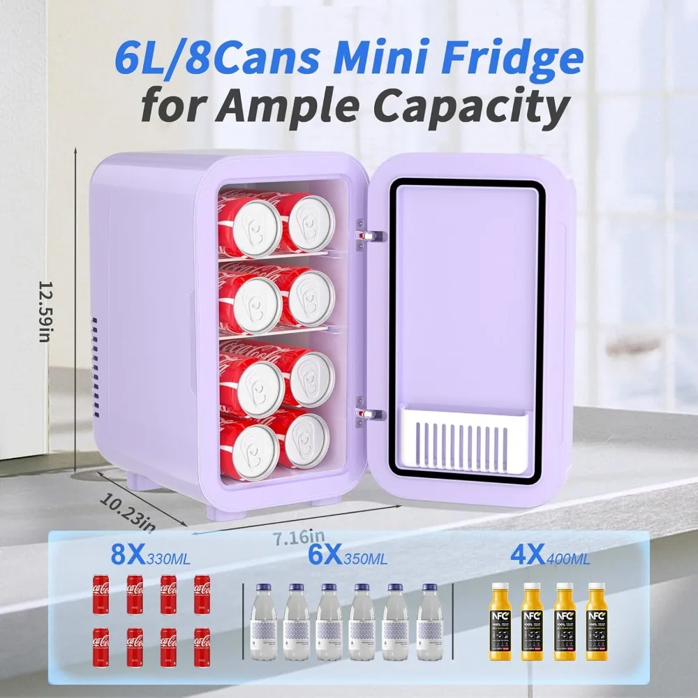 ثلاجة صغيرة، 6 لتر/8 علب 110 فولت تيار متردد/تيار مستمر، ثلاجات تبريد حرارية محمولة لغرفة النوم وغرفة النوم والسيارة، أرجواني