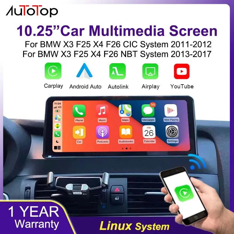 AUTOTOP 10,25 Zoll Touchscreen Kabelloses Carplay Android Auto für BMW X3 X4 F25 F26 2011-2017 mit Mirror Link Bluetooth CIC / NBT System
