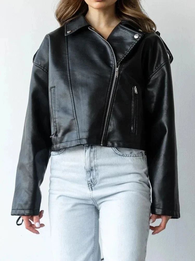 Vintage Bomber Jacket Women Lace Up Faux Leather Jacket Gothic Water Washed Moto Biker Coat Spring Autumn Women Clothing