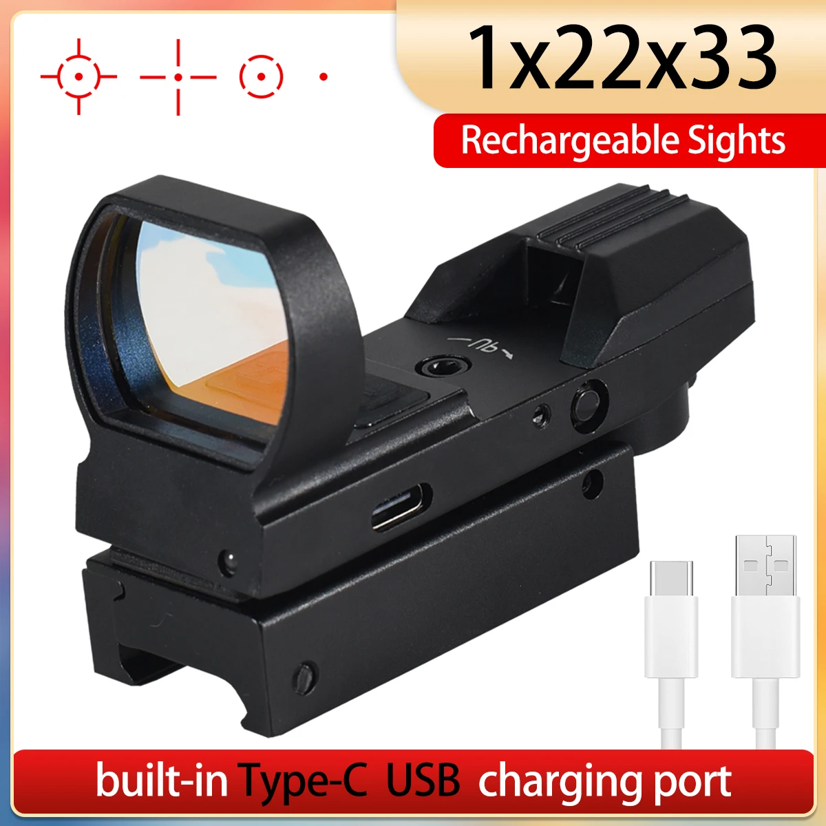 1x22x33 Red Dot Sight Type-C USB Rechargeable Sight 4 Reticle Optics Sight Holographic Reflex Airsoft Scopes Hunting Rifle Scope