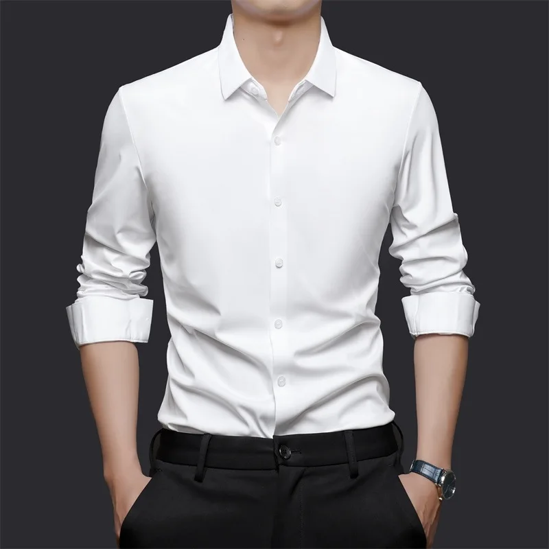 S-6XL Work Classic Solid Color Formal White Shirt Men Long Sleeve Slim Fit Business Non Iron Soft Cozy Men's Shirt Long Sleeve