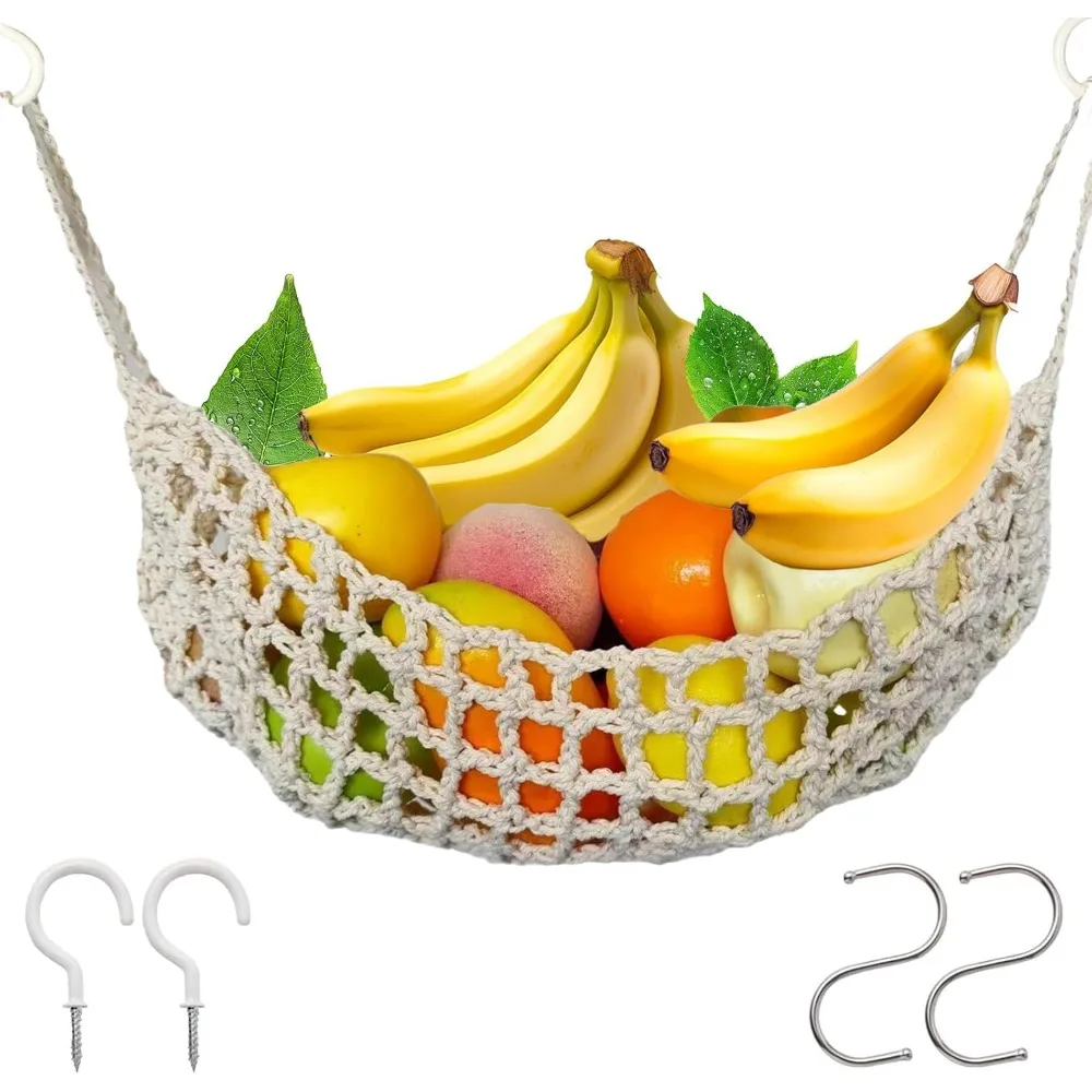 

Подвесной гамак с фруктами под шкафом, подвесная корзина с фруктами в макраме 13 × 16 дюймов с 4 крючками, сетка для фруктов, гамак-банан, подвесное хранилище