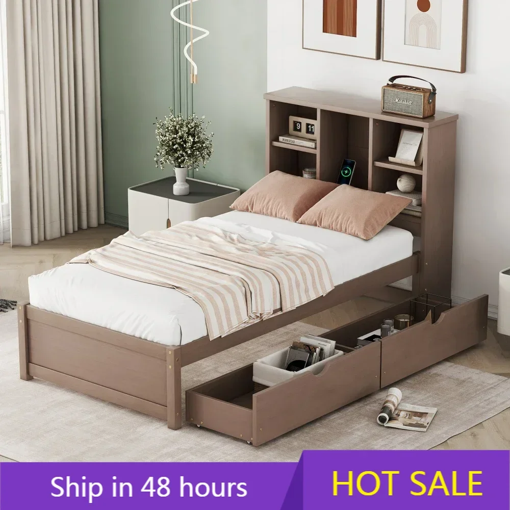 

Modern Twin Size Bed Frame with Built-in USB Port on Bookcase Headboard and 2 Drawers for White Washed Color，Bed Frame bed frame