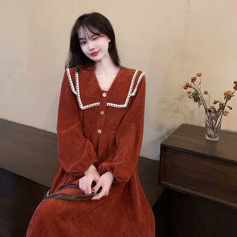 

Sweet Sailor Collar Button Bandage Spliced Folds Casual Dresses Female Clothing 2023 Autumn Winter Loose All-match Midi Dress