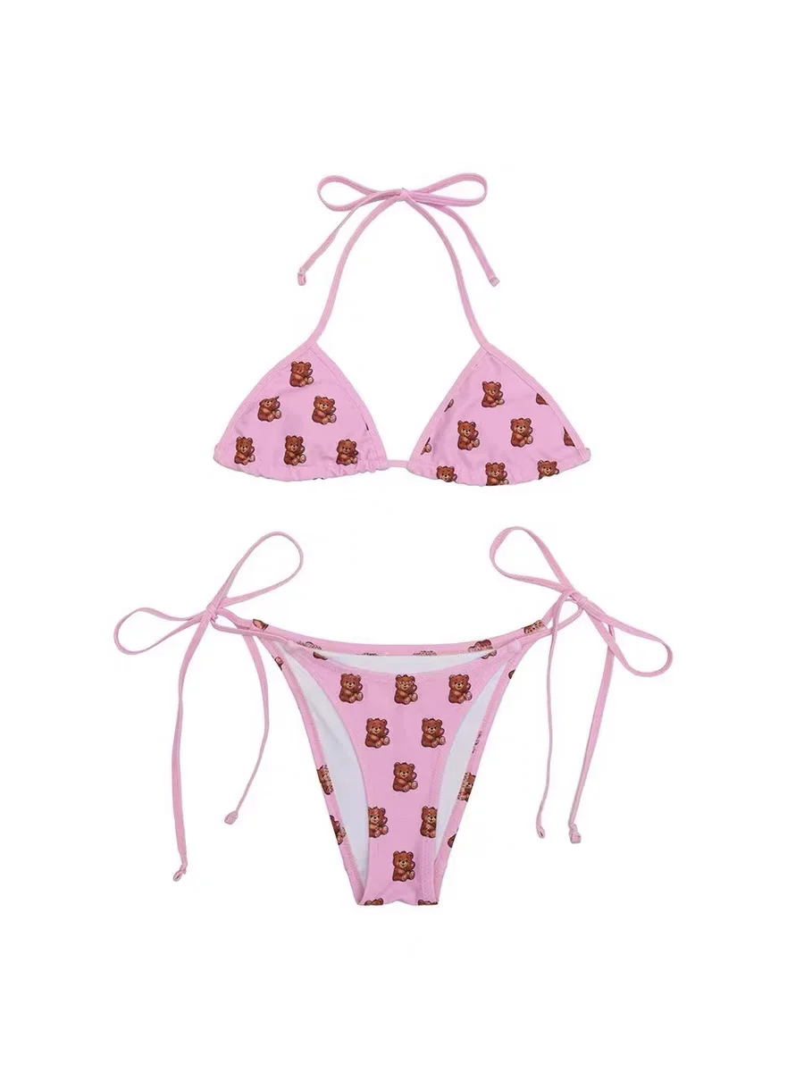 Lovely Cute Pink Bear Printed Mini Short Pant Bikinis Set Sexy Flat Strap 3 Piece Swimsuit Young Women Korean Fashion Designer