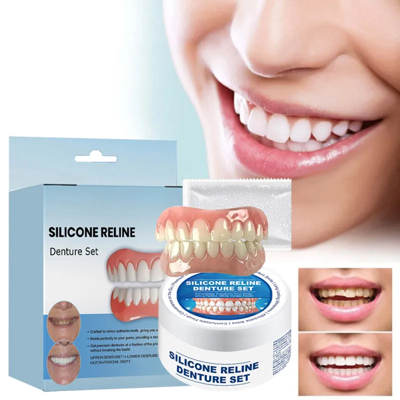 Kit de silicone para dentadura, forros de silicone para dentadura, kit macio para dentadura, conjunto superior e inferior, fácil uso, cuidados dentários