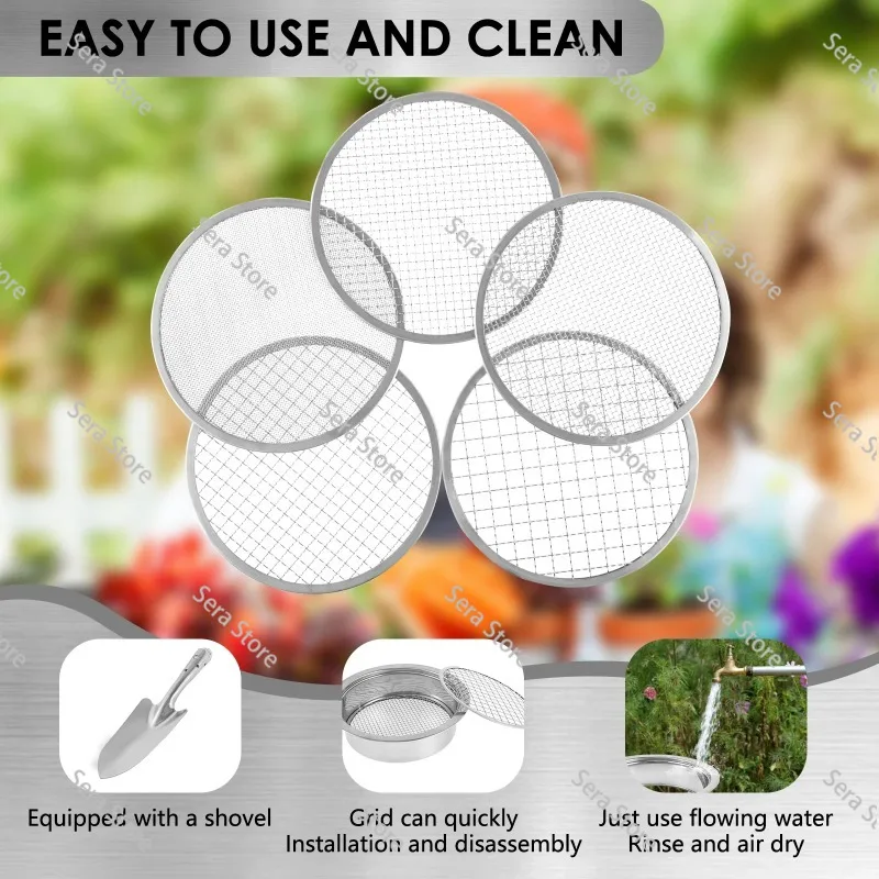 7Pcs Soil Sieves Mesh Set Stainless Steel Garden Soil Stone Filtration with Shovel 9.45inch Diameter Riddle Sieve Set