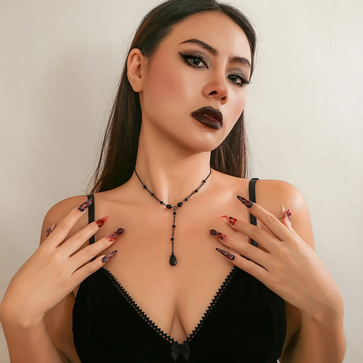 Gothic Blood Drip Tassel Choker Metal Teardrop Collar Necklace Sweet Punk Niche Design for Women