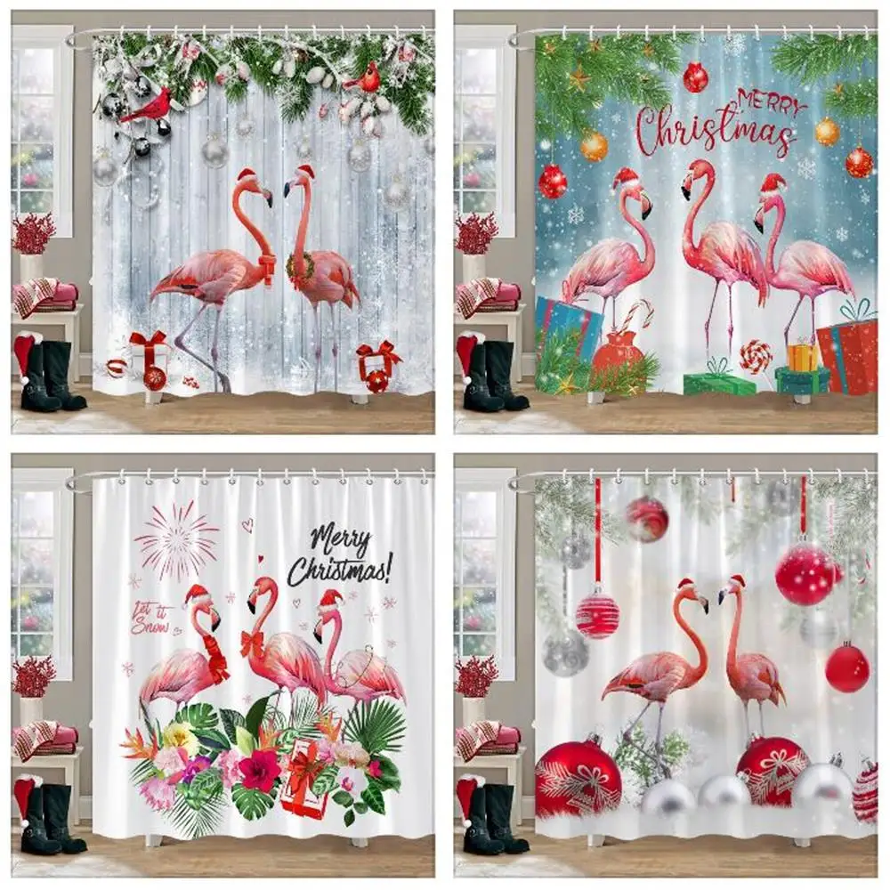 

Funny Pink Flamingo with Christmas Hat Merry Christmas Shower Curtain Winter Palm Leaves Washable Bath Curtains Bathroom Decor