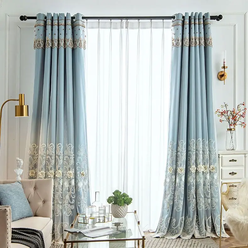 Luxury Embroidered Double Layer Curtain with Tulle Sheer Blackout Thermal Insulated Window Drapes for Living Room Bedroom