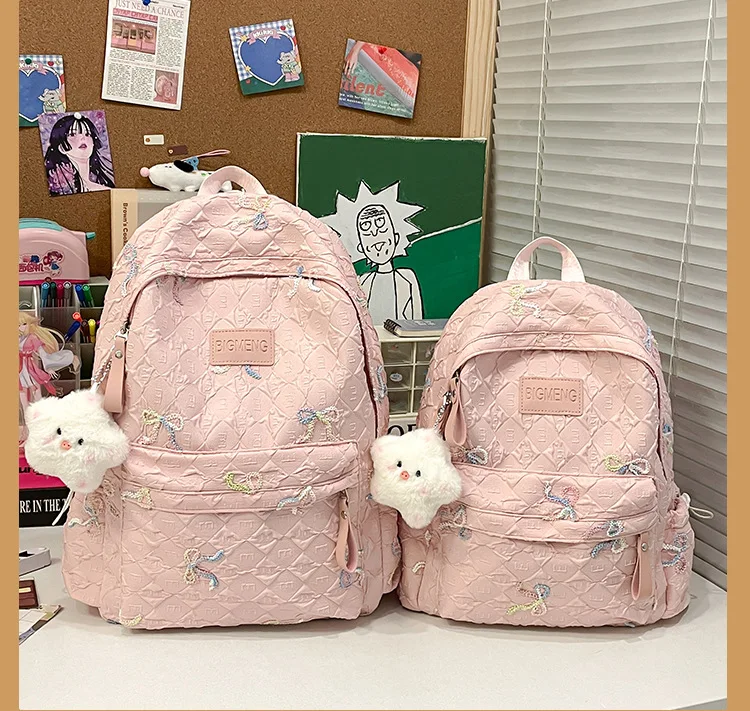 Colorful Bow Full Print Ruched Fabric Backpack Four Colors Available Large Capacity Girls Junior High High School School Bag