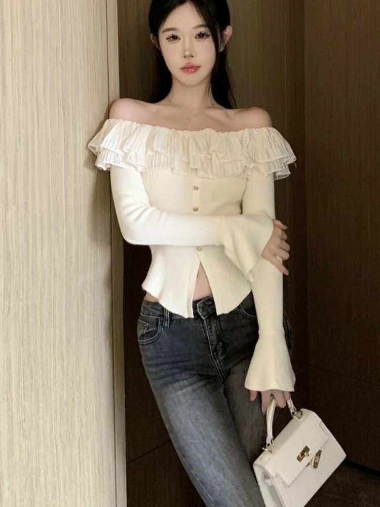 Slash Neck Sweaters Women Hotsweet Off Shoulder Spring Autumn Sexy Ruffles Flare Sleeve French Style Aesthetic Retro Advanced