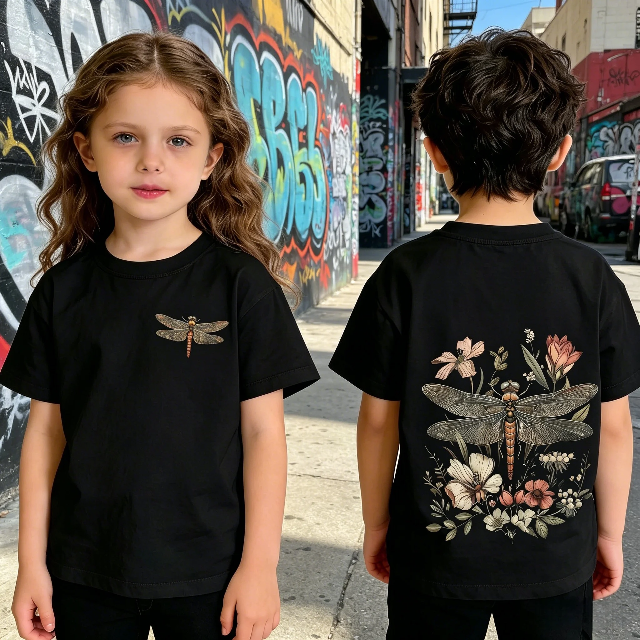 Dragonfly Floral Print Casual Cotton Short Sleeve T-Shirt Soft Breathable for Outdoor Picnic Nature Walk Summer Daily Wear
