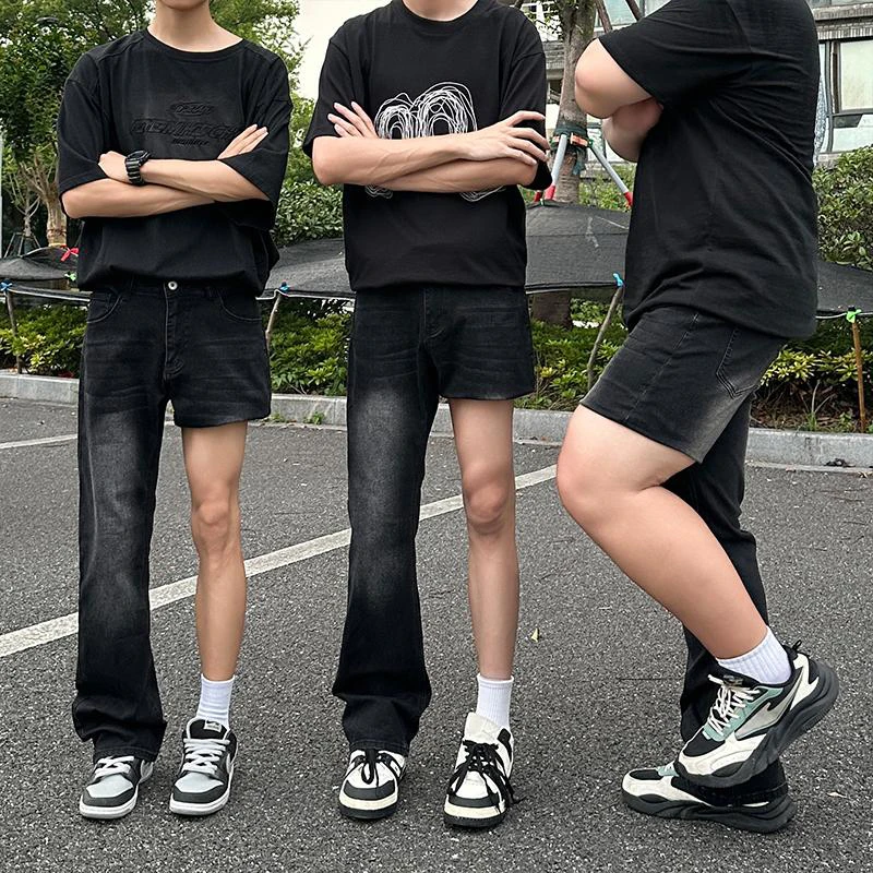 

Черные джинсы прямого кроя с эффектом потертости для мужчин, летние, тонкие, в американском стиле, с высокой талией, повседневные, износостойкие