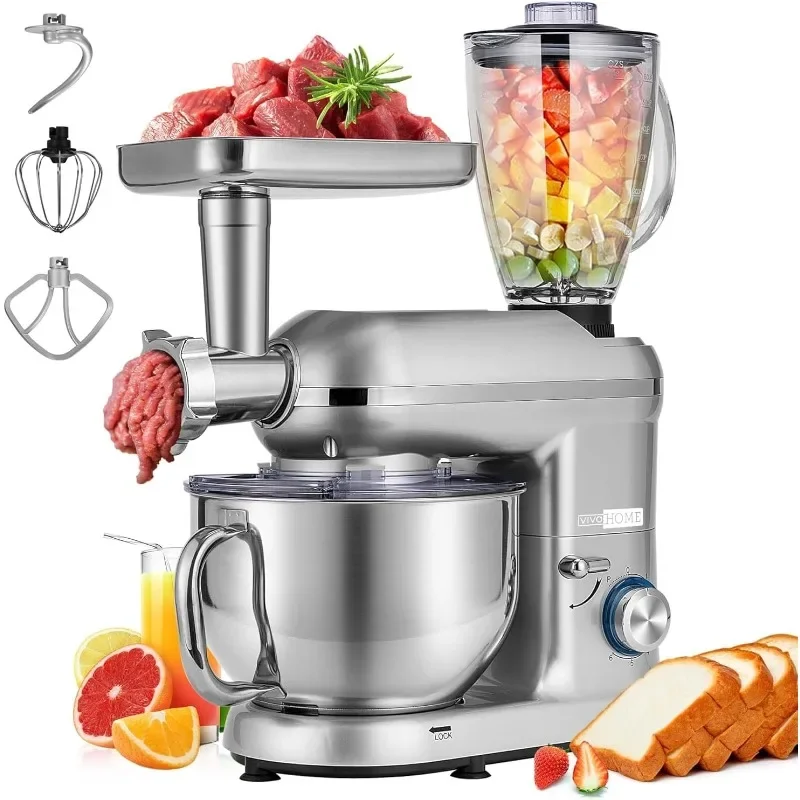 VIVOHOME 3 in 1 Multifunctional Stand Mixer w 6 Qt Stainless Steel Bowl,650W 6 Speed Tilt-Head Meat Grinder,Juice Blender,Silver