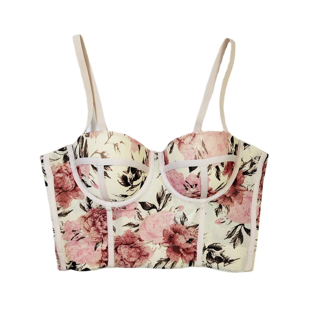 

Vintage Flower Print Bras Tube Top Bustier with Lined Bustier Body Shaping Bralet Ladies Tops Bralette Crop Top Underwear Women