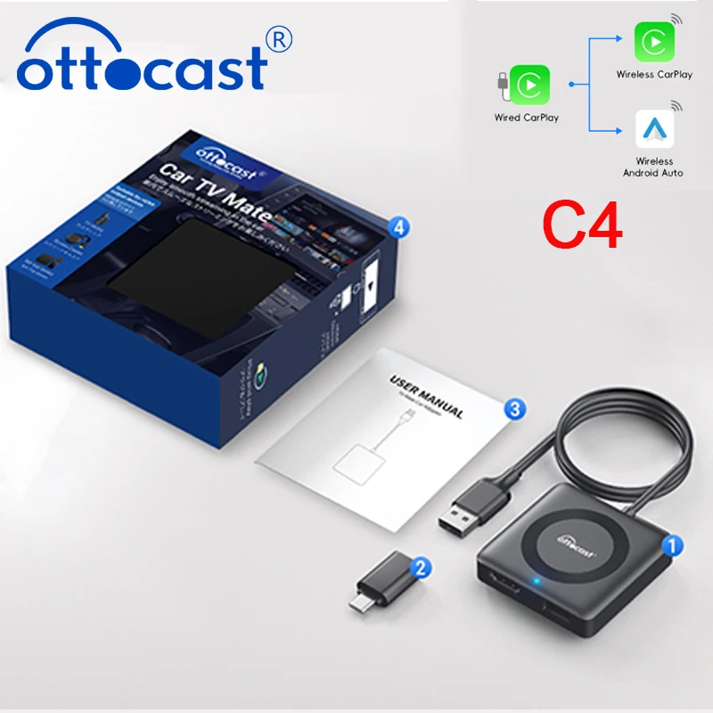 OTTOCAST Car TV Mate C4 Wireless Android Auto CarPlay Adapter