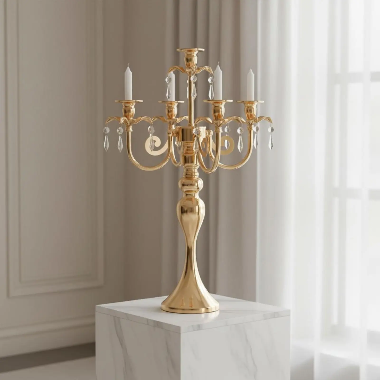 5-Arm Candelabra Romantic Gold Candelabra Gold Candle Stand Elegant Design Table Centerpiece Easy Assembly for Banquet