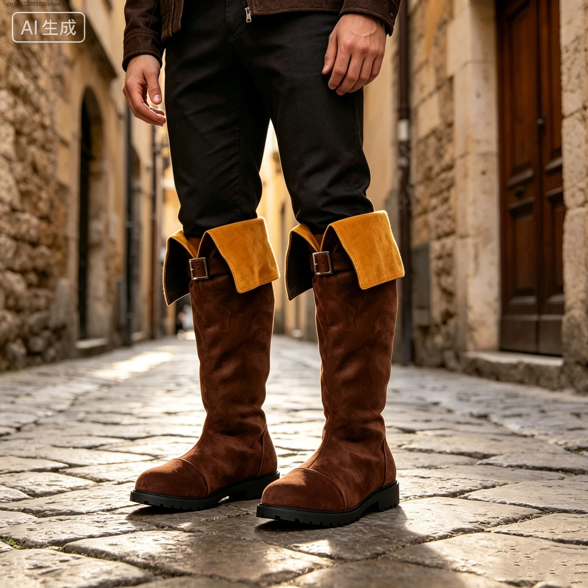 Retro Pirate Cosplay High Boots For Men Soft Suede Contrast Cuff Design Boot Medieval Renaissance Party Stage Performance Shoes