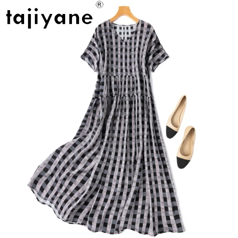 

TAJIYANE 100% Mulberry Silk Dress Woman Summer 2025 Casual Long Dresses V-neck Batwing Sleeves Frocks Ladies Clothes Vestidos