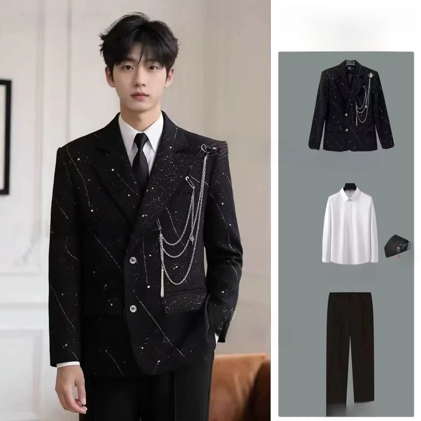 

Мужской костюм Tianxing с металлической цепочкой, с подплечниками, модный, трендовый, стандартный крой, комплект из двух предметов, полиэстер, осенняя коллекция
