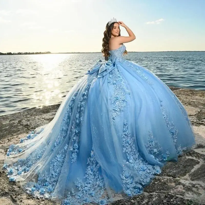 ที่กําหนดเองSky Blue Ball Gown 15 ปีQuinceaneraชุด 2025 โบว์Appliquesหวาน 16 ชุดราตรี