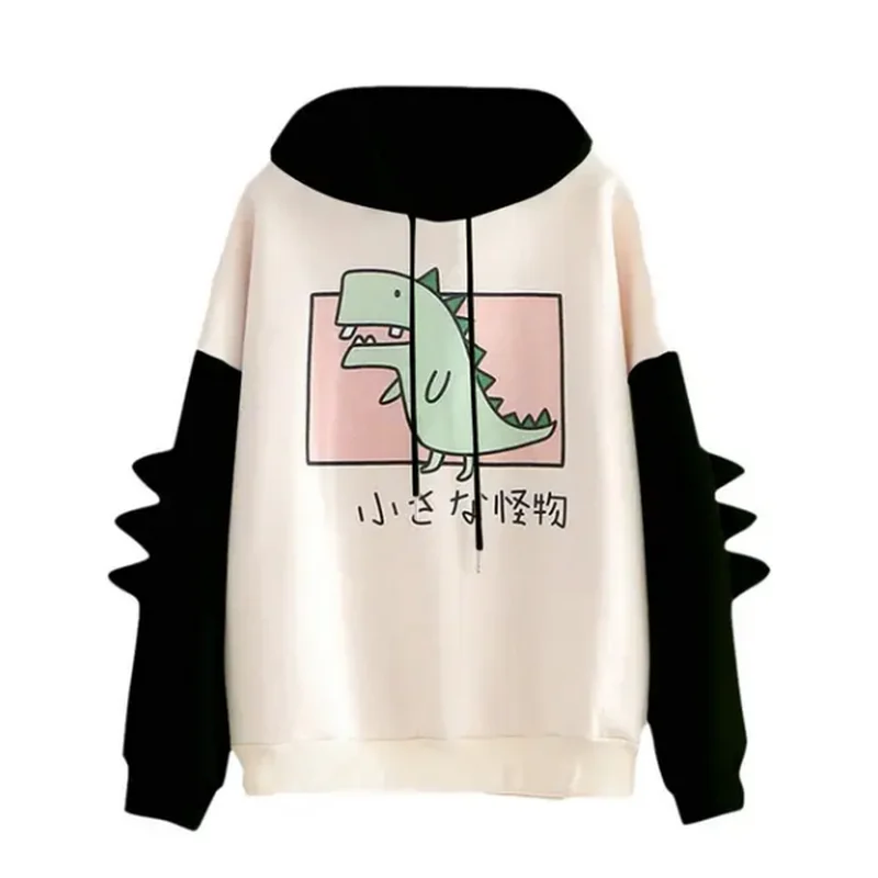 Moletom bonito de dinossauro feminino, moletom de manga comprida, estampa casual, estilo coreano, tampos de emenda, roupa kawaii, moda