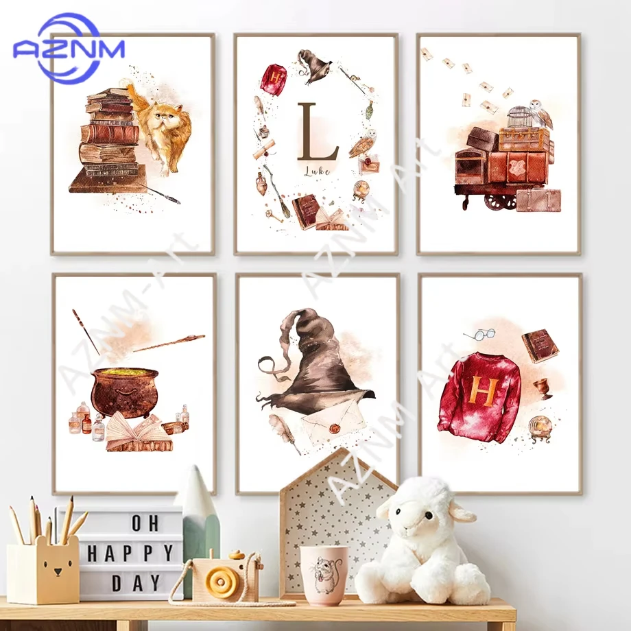 Pósteres y cuadros nórdicos de arte de pared con alfabeto de Harry Potter, varita mágica, búho, gato, escoba, decoración para habitación de bebés y niños