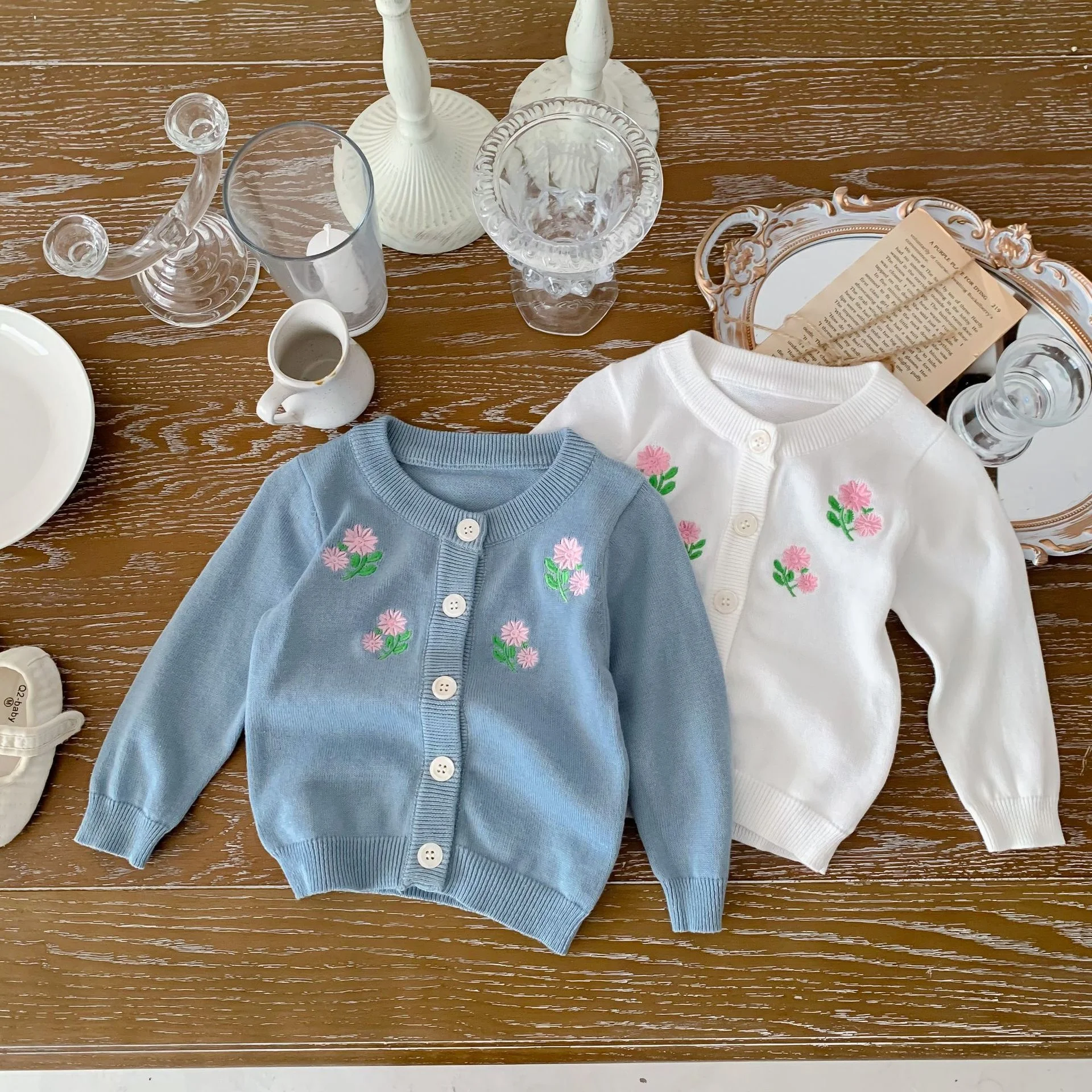 Girls Embroidered Floral Long Baby Sleeved Single-Breasted Sweater Coats Toddler Outfit Tops 100% Organic Cotton For 0-36 Months