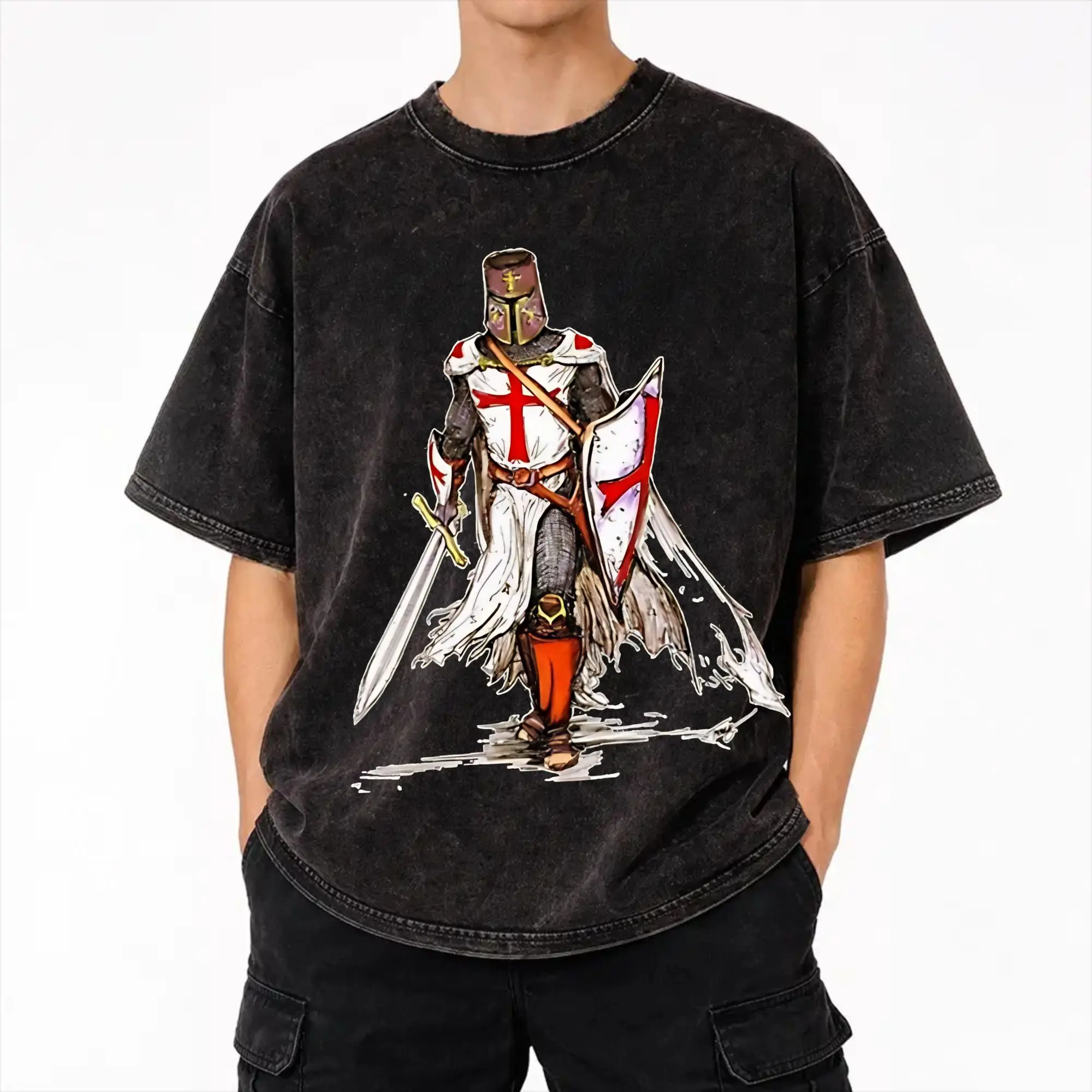 Deus Vult - The Templar Knight Washed T Shirts Streetwear Hip Hop Novelty T-Shirt  Tee Shirt for Men Women Cotton Harajuku