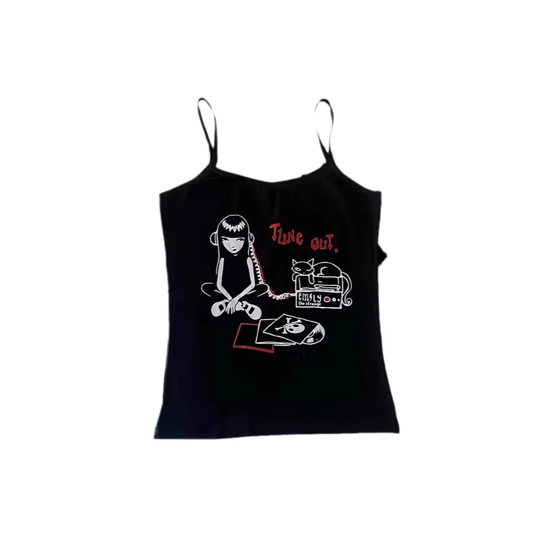 Women Gothic Spider Web Print Cami Tank Top Sleeveless Spaghetti Strap Y2K Slim Cropped Camisole Dark Punk Streetwear Tops