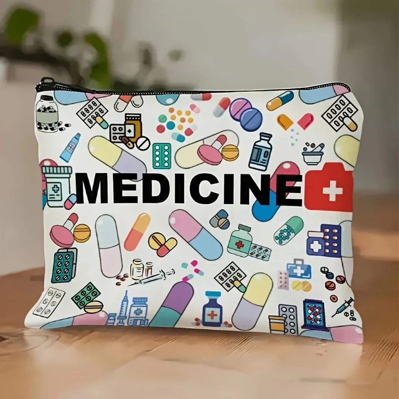 Medicine-Themed Cosmetic Travel Bag - Foldable Lightweight Zippered Makeup Organizer with Pill & Syringe Design, Durable Fabric
