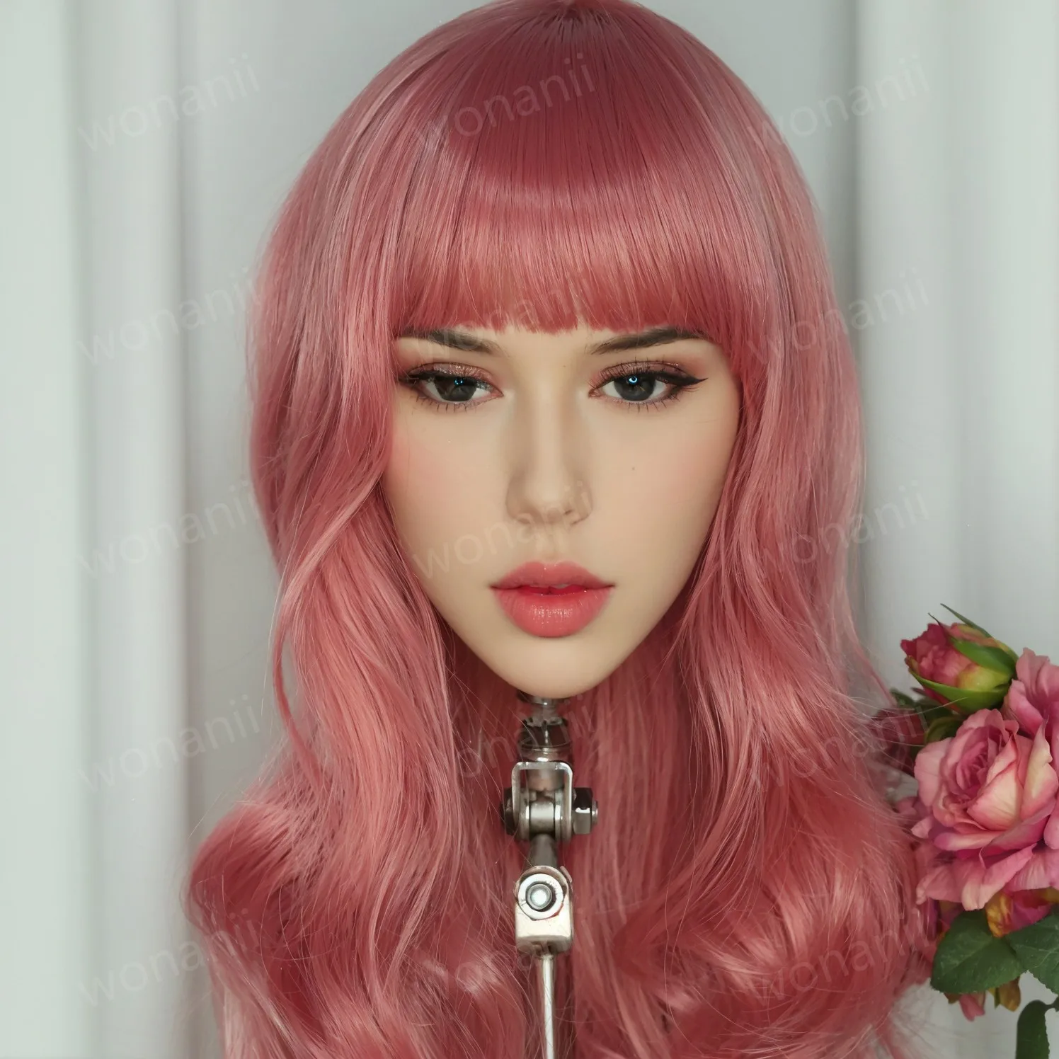 새로운 여성 머리 모델, 핑크색 가발, 성인 남성 장난감, 부드러운 질감, TPE 소재, 여성 머리 모방, 매우 멋진 여성 머리, 선물