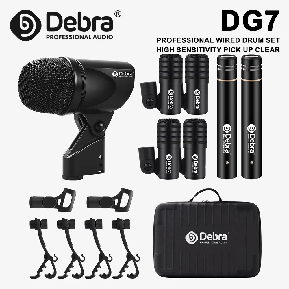Debra DG7 Wired Dynamic Drum Microphone Kit, Bass/Snare, Evolution Series with Clip Arm Stand, Band Percussion Drum Microphone