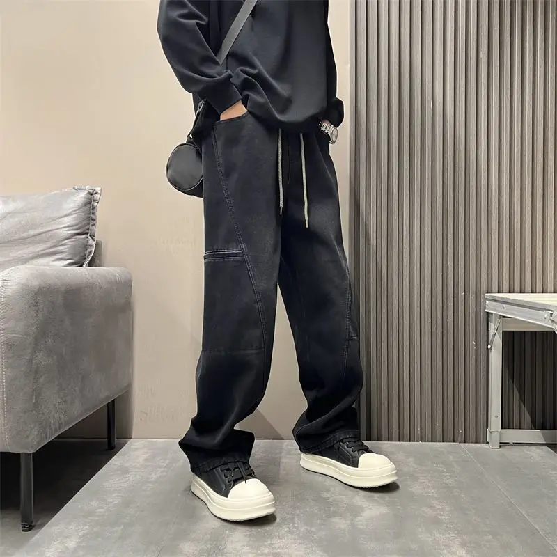 Korean Popular Clothes Cargo Retro Jeans Trendy Brand Loose Straight Harlan Autumn Winter 2026 New Men's Tooling Wide-leg Pants