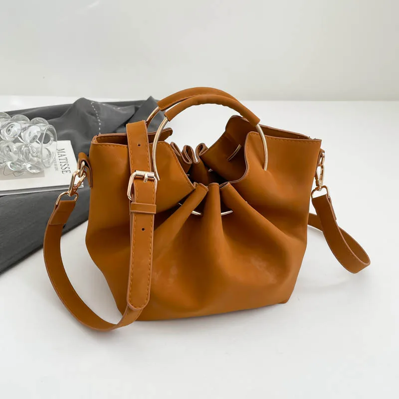 

Round Ring Handle Tote Designer Handbag And Purse Casual Vintage Pu Leather Crossbody Shoulder Bag Lady Boho Basket Shopper Bag