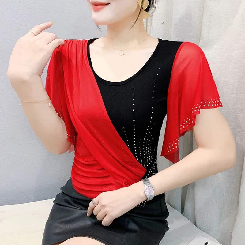 

2025 Summer New Mesh Tops Fashion Color Contrast Splicing Women T Shirt Lotus Ruffles Hot Diamond Short Sleeve Shirt