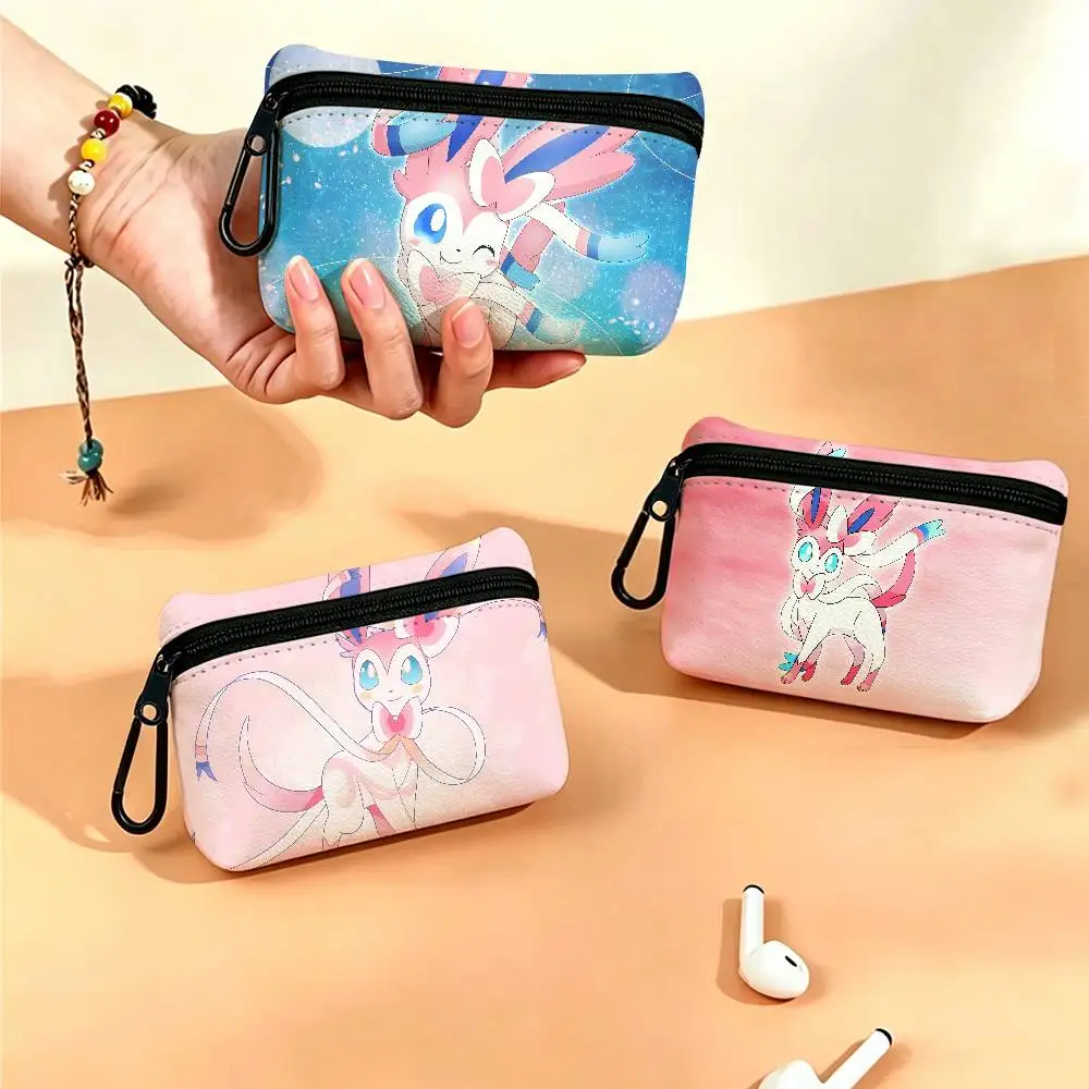 P-Pokemon S-Sylveon Cartoon Oxford Fabric Mini Coin Wallet Smooth Zipper Hanging Design Multi-use Small Storage Bag For Travel